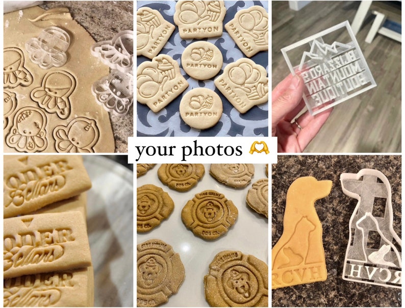 May include: A selection of cookie cutters and stamped biscuits. The cutters are made of clear plastic and feature various designs, including an octopus, a dog, a cat, and a mountain range. The stamped biscuits are made of dough and feature various designs, including "Order Sellars", "Partyon", and a fire hydrant.