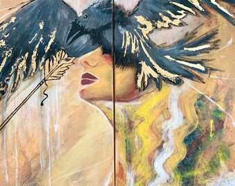 Original Gold Foil Canvas Art: Woman, Raven, Arrow, Poem (100x120 cm)
