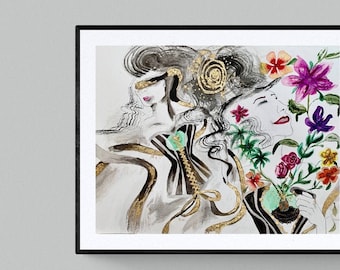 Heart-Wall Watercolor Painting: Gold Accent Interior Design (36 x 48 cm)
