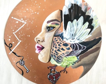 visionary art “cassiopeia”, contemporary painting, mixed media, diameter 40 cm