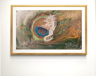 visionary painting "Wood dragon's Whispers" with channeled light language, mixed media, 100 x 60 cm