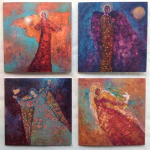 Colección Bendiciones de Ángeles - Juego de 4 tarjetas de felicitación, ángeles de amor, luz, paz y alegría