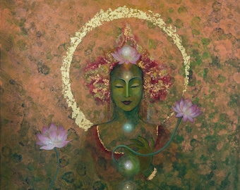 Green Tara with Dutch Gold Leaf ~ Goddess of Healing & Protection~Spiritual Home Décor~ Custom Order