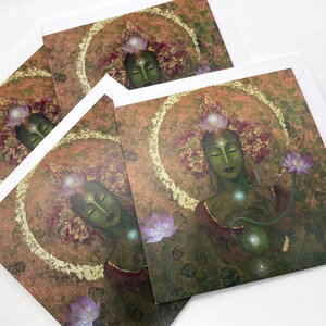 Tara verte - Déesse de la guérison et de la protection ~ Lot de 4 cartes d'art spirituel ~ Partagez une touche de magie divine avec vos proches !