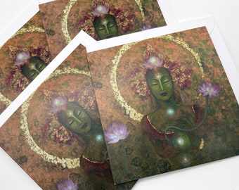 Green Tara - Goddess of Healing & Protection~ Set of 4 Spiritual Art Cards ~Share a touch of Divine Magic with your Loved Ones!