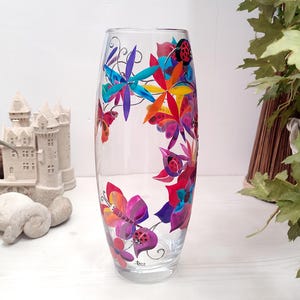 Vase hand painted, nature theme, ladybug, butterfly, flowers, unique piece and craft-vase personalized and colorful- painting on glass