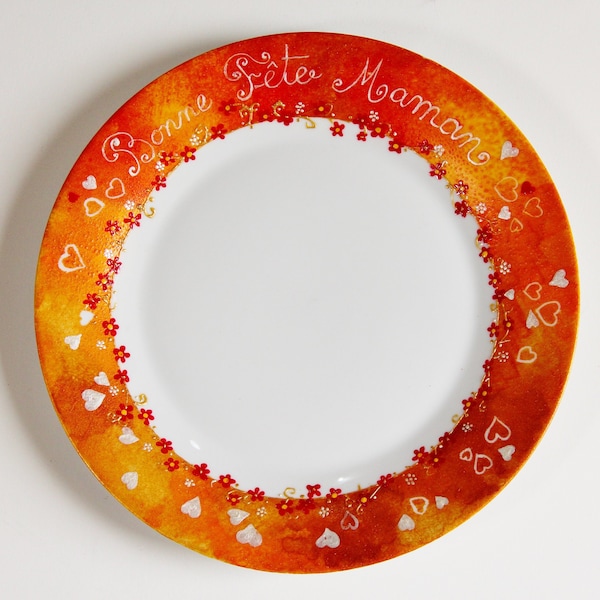 Jolie Assiette en porcelaine, bonne fête maman, entièrement peinte à la main, 27cm dans les tons orangés, signée