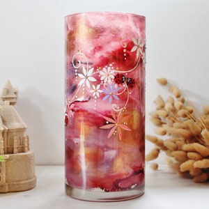 Large hand-painted vase on the theme of ladybugs in bright white and pink tones. Unique and handcrafted piece.