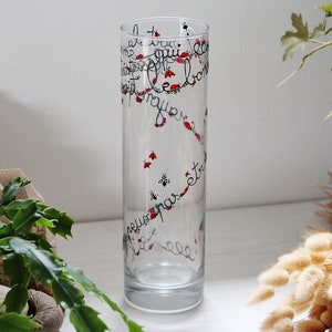 Beautiful hand-painted handmade vase with a colony of small ladybugs walking along a lovely message, unique and customizable
