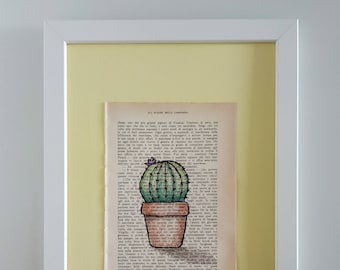 Illustrated Words - Cactus (mod. 1) hand drawn on vintage book page