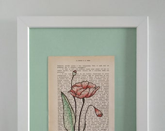 Illustrated Words - Hand drawn poppy on vintage book page