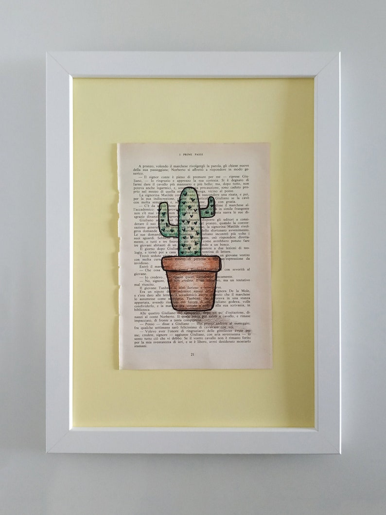 Illustrated Words Cactus mod. 3 hand drawn on vintage book page Giallo