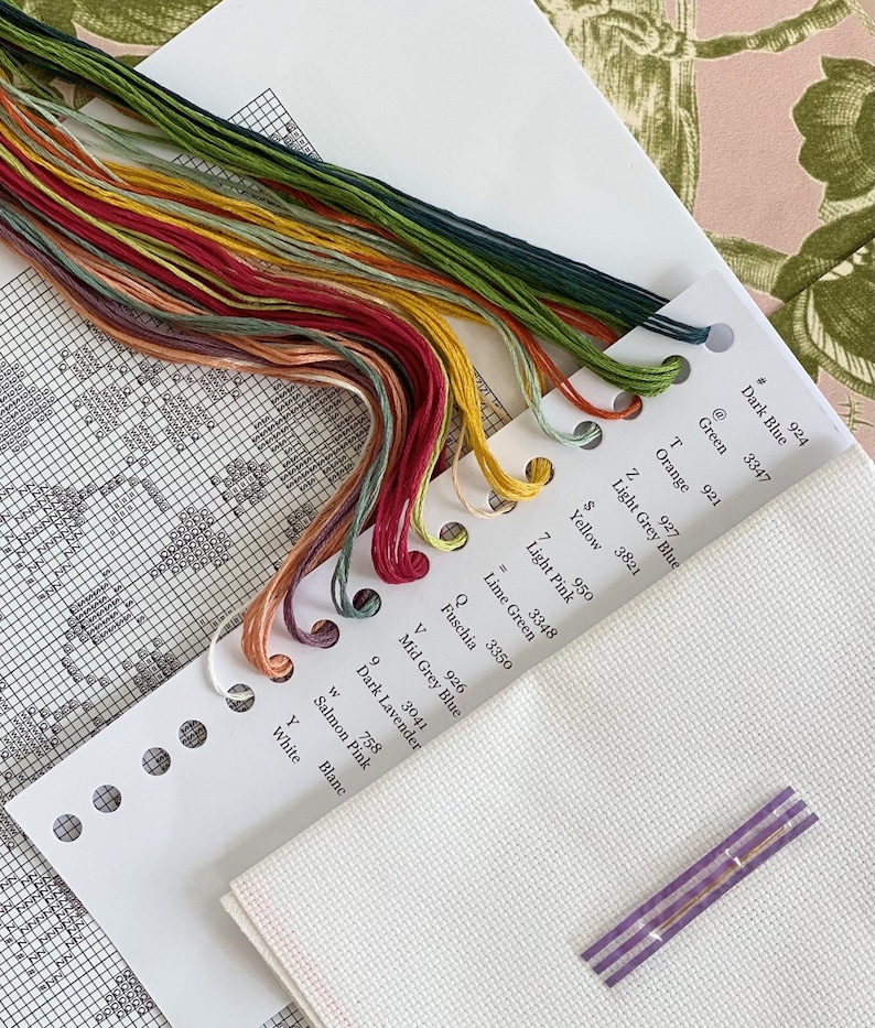 Puede incluir: Primer plano de un kit de punto de cruz con una variedad de hilos de colores y una tela Aida blanca. El kit incluye una tabla de colores con los n&uacute;meros y nombres de los hilos DMC, como Azul oscuro, Verde, Naranja, Azul gris claro, Amarillo, Rosa claro, Verde lima, Fucsia, Azul gris medio, Lavanda oscuro, Rosa salm&oacute;n y Blanco.