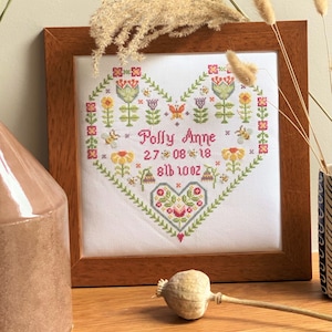 Scandi Heart Birth Sampler cross stitch Downloadable PDF chart