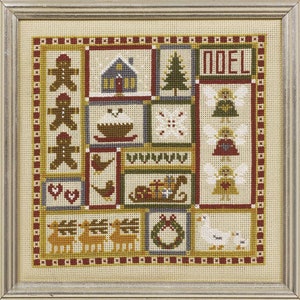 May include: A cross-stitch sampler with a Christmas theme. The sampler features a variety of festive images, including a gingerbread man, a house, a Christmas tree, a wreath, and angels. The word "NOEL" is stitched in the upper right corner.