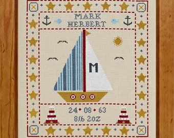 Sail Boat Birth Cross Stitch Downloadable PDF chart