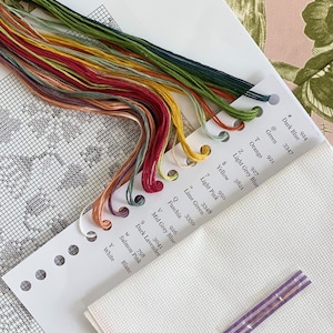 May include: A close-up of a cross-stitch kit with a variety of colored threads and a white Aida cloth. The kit includes a color chart with DMC floss numbers and names, such as Dark Blue, Green, Orange, Light Grey Blue, Yellow, Light Pink, Lime Green, Fuschia, Mid Grey Blue, Dark Lavender, Salmon Pink, and White.