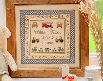 Fire Engine Birth Downloadable PDF cross stitch