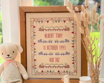 Bunting Train Birth Cross Stitch Downloadable PDF