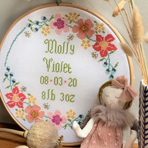 Blommig Hoop Birth Sampler korsstygn
