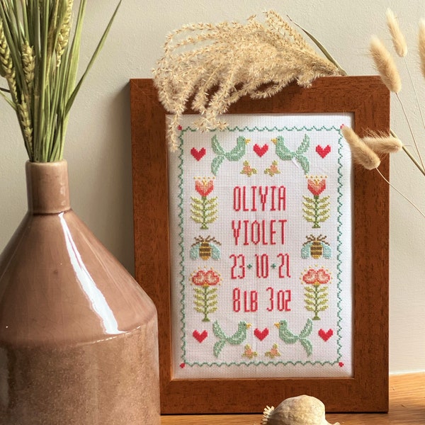 Heart & Bird Birth Sampler cross stitch Downloadable PDF