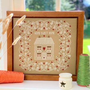 Patrón de punto de cruz en PDF descargable de «Hogar, dulce hogar blanco»