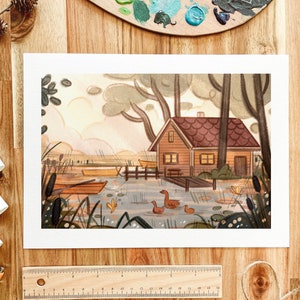 Cabin at the Lake A4/A5 Giclee Art Print | Nature Cottagecore Hand Drawn Illustration | Wall Decor | Summer Landscape High Quality Print