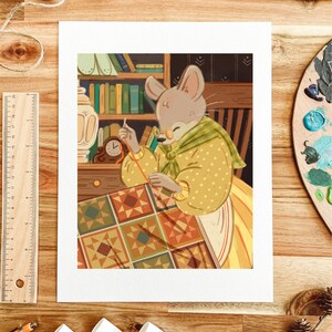 Mouse Sewing Quilt A4/A5 Giclee Art Print | Nature Cottagecore Hand Drawn Illustration | Wall Decor | Cozy Hygge Animal High Quality Print