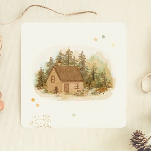 Scandinavian Forest Postcard | Double Sided Square Greeting Card | Illustrated Hygge Cozy Cabin Botanical Stationery | Postcard & Envelope