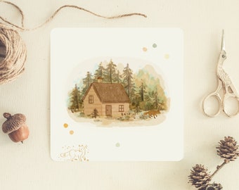 Scandinavian Forest Postcard | Double Sided Square Greeting Card | Illustrated Hygge Cozy Cabin Botanical Stationery | Postcard & Envelope
