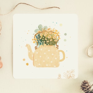 Flower Tea Postcard | | Double Sided Square Greeting Card | Illustrated Hygge Cozy Cabin Botanical Stationery | Postcard & Envelope