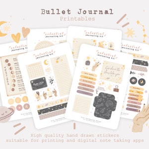 Celestial Self Care Bullet Journal Printable Kit | Moon Tracker | Astrology Lunar Illustrated Planner | Digital Bujo Scrapbook Sticker Sheet