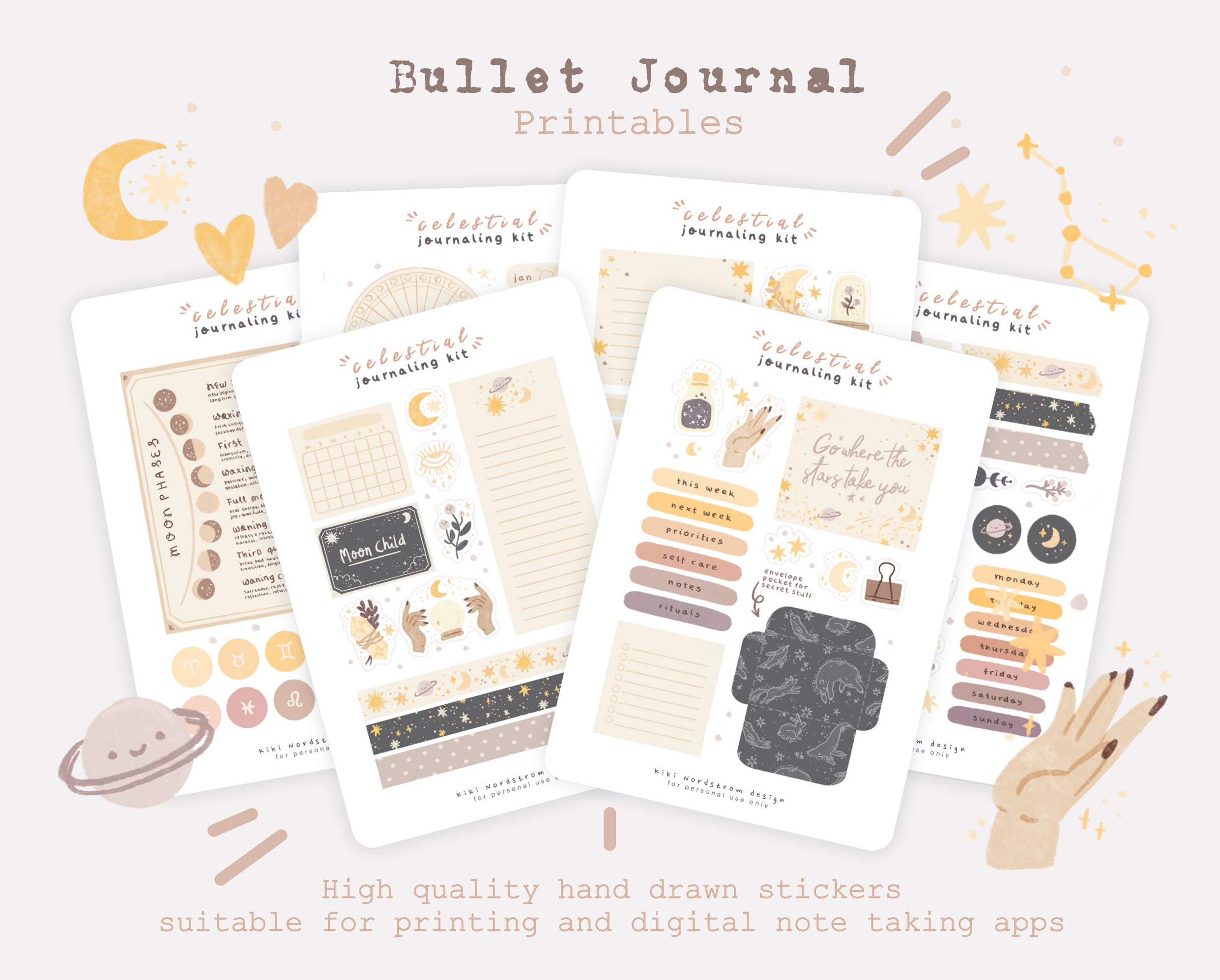 Celestial Self Care Bullet Journal Printable Kit Moon Tracker Astrology  Lunar Illustrated Planner Digital Bujo Scrapbook Sticker Sheet 