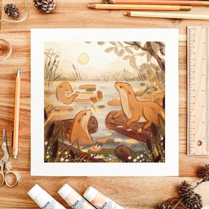 Otters at the Lake 21x21 cm Giclee Art Print | Nature Cute Animal Cozy Hand Drawn Illustration | Botanical High Quality Print