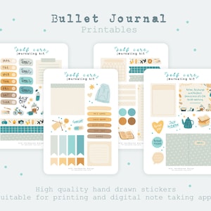 Self Care Bullet Journal Printable Kit | Cute Illustrated Planner Printable Stickers Sheet | Digital Bujo Stickers | Digital Scrapbook