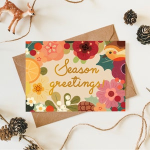 Gold Finish Season Greetings Postcard | Double Sided Greeting Card | Christmas Nature Floral Hygge Cute Stationery | Postcard & Envelope