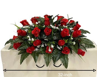 Red Roses with Baby's Breath Cemetery Saddle - Winter Cemetery Arrangement - Valentines Day Cemetery Headstone Saddle-Handmade
