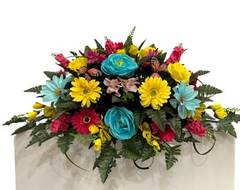 Yellow, Aqua, Fuchsia Cemetery Saddle - Spring Cemetery Flowers - Flower for Cemetery-Grave Site flower-Headstone Flower