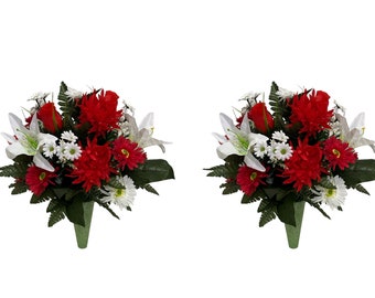 2 pieces Red and White 360 degree All around Spring Vase Flower - Cemetery Flowers -Cemetery Vase Insert~Cemetery Vase Arrangement