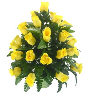 All-Around Hand Made Yellow Rosebuds Flower - Cemetery Flowers~Cemetery Styrofoam Vase Insert~Cemetery Vase Arrangement~Graveside Flowers
