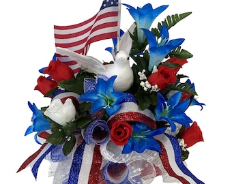 Beautiful Patriotic, Memorial, 4th of July Cemetery Vase Arrangement - Cemetery Flowers~Cemetery Vase Arrangement~Graveside Flowers