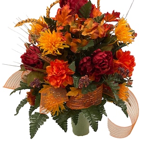 CFMP-0820 Peony, Mum  Autumn Mix Cemetery Vase Flower - Fall Cemetery Flowers - Cemetery Decoration - flower insert-Cone Arrangement