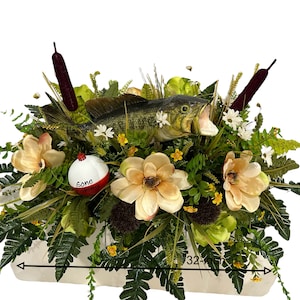 Fisherman Cemetery Saddle in Magnolia, Rose/Bass Design, Fishing Grave Flower, Fisherman Large Cemetery Saddle, Father&#39;s Day Grave