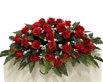 36 inch-Red  Roses with Baby's Breath Cemetery Saddle - Winter Cemetery Arrangement - Valentine Day Cemetery Headstone Saddle-Mother's Day