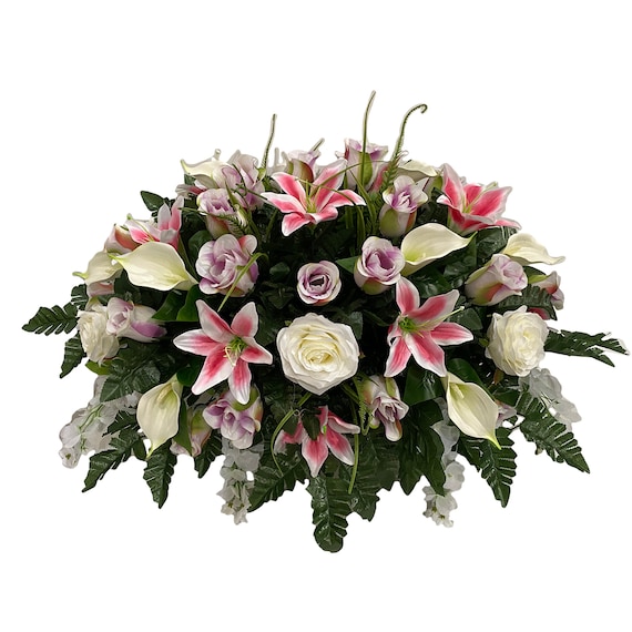 MUVIC Artificial Cemetery Flower Saddle - Memorial Grave Decor With Silk Pink Roses & Lilies