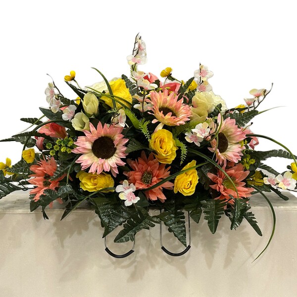 Yellow, Peach, Coral Cemetery Saddle - Spring Cemetery Flowers - Cemetery Decoration -Flower for Cemetery-Grave Site flower-Headstone Flower