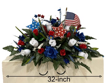Beautiful Patriotic, Memorial, 4th of July Cemetery Saddle Arrangement - Cemetery Flowers~ Gravesite Flowers- Headstone Arrangement