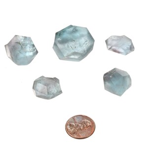 May include: Six light blue aquamarine crystals of varying sizes, with a penny for scale.