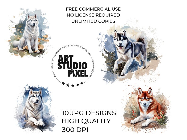 Siberian Husky Clipart, Printable Watercolor Clipart, 12 High Quality ...