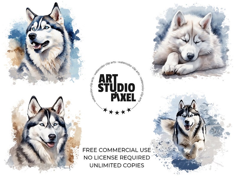 Siberian Husky Clipart, Printable Watercolor Clipart, 12 High Quality ...